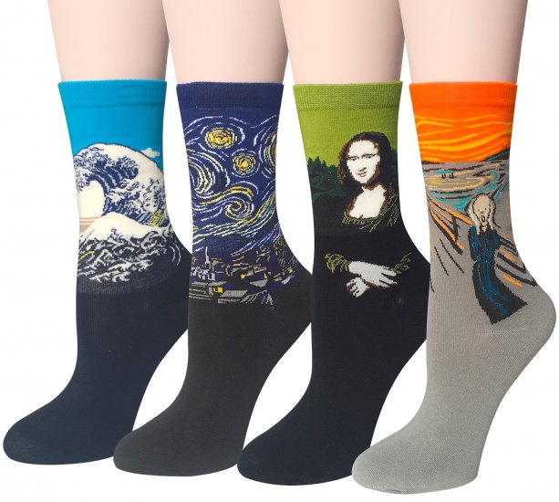 Chalier 4 Pairs / 5 Pairs Womens Famous Painting Art Printed Funny Casual Cotton Crew Socks - Click Image to Close